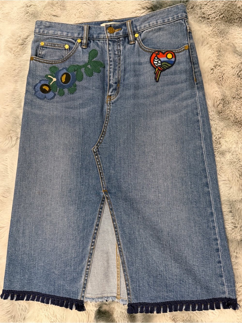 Tory Burch Blue Denim Skirt with Embroidered Floral & Parrot Patches